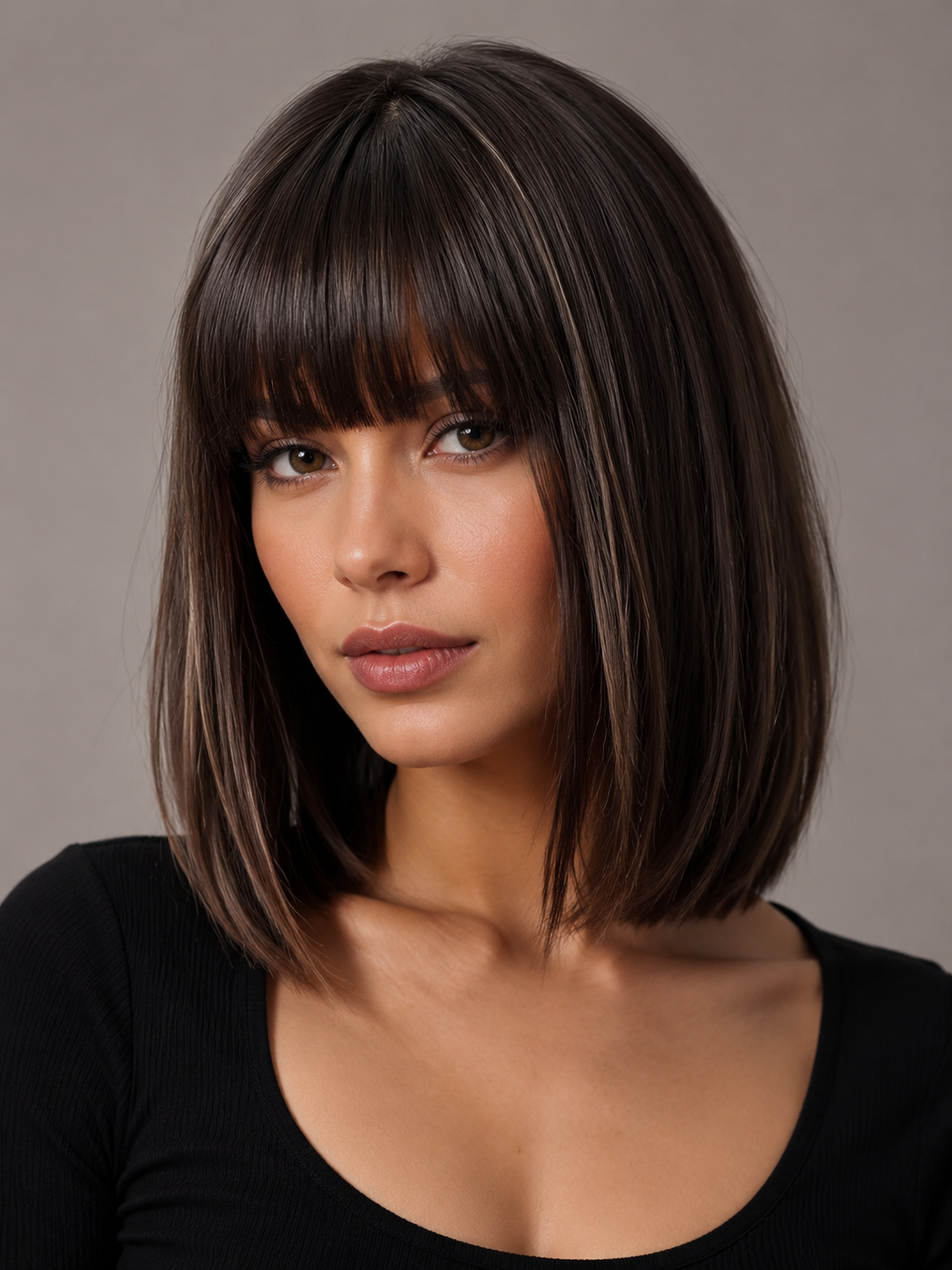 full fringe long bob with bold blunt bangs and collarbone length