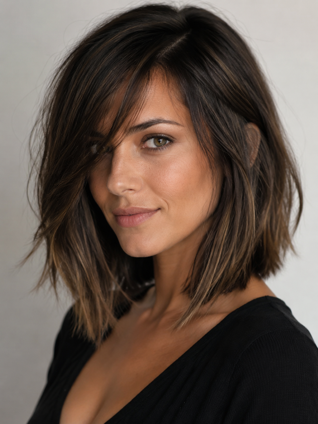 side fringe long bob with asymmetric swept bangs and lob shape