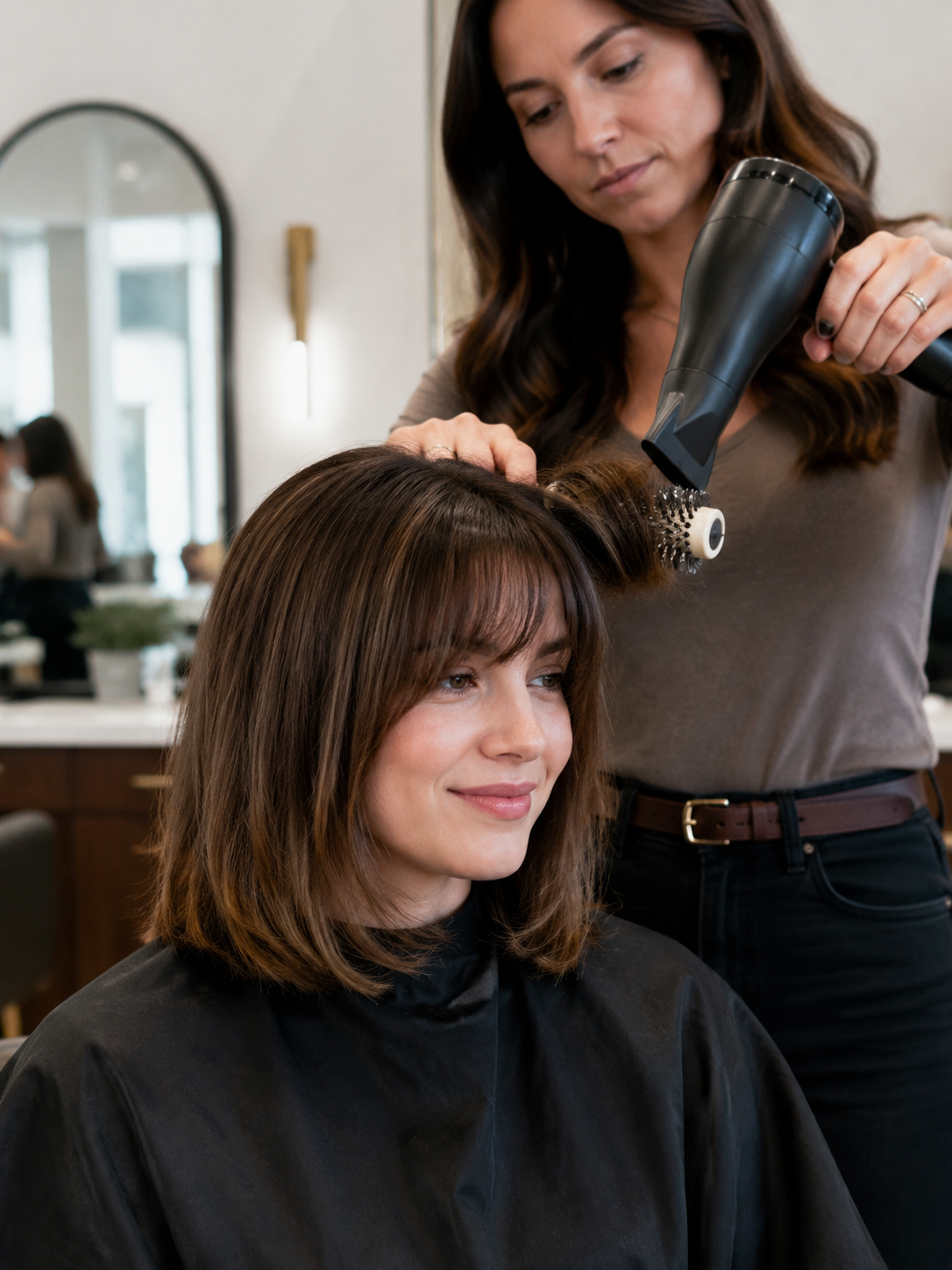 styling a fringe long bob haircut with a round brush and flat iron