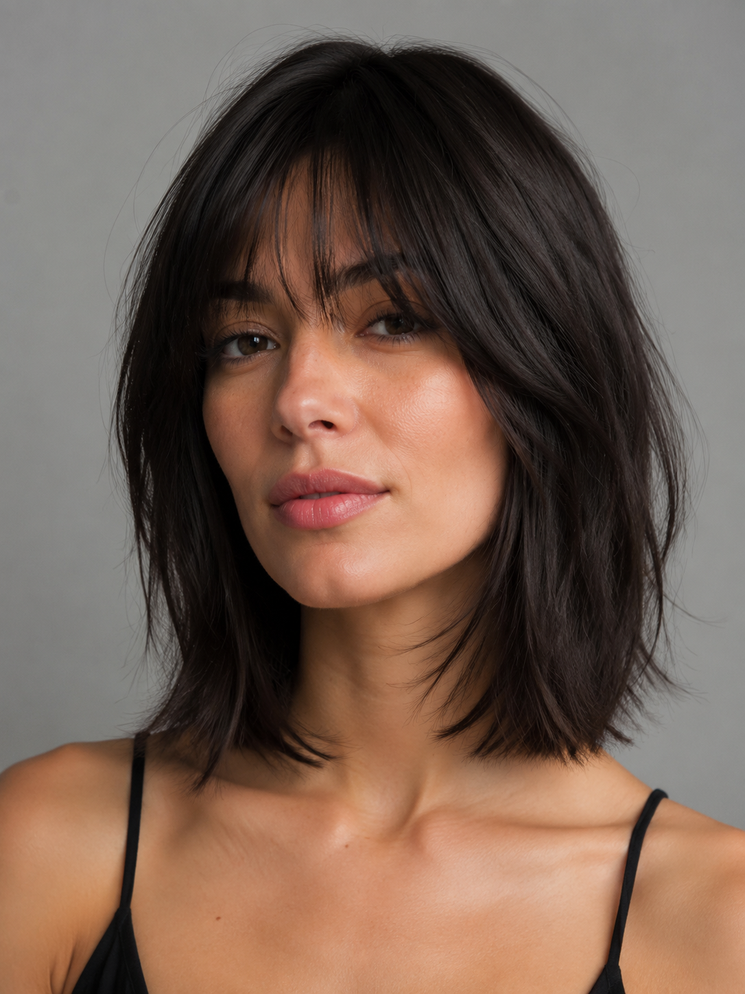 thick hair fringe lob with controlled volume and defined bangs