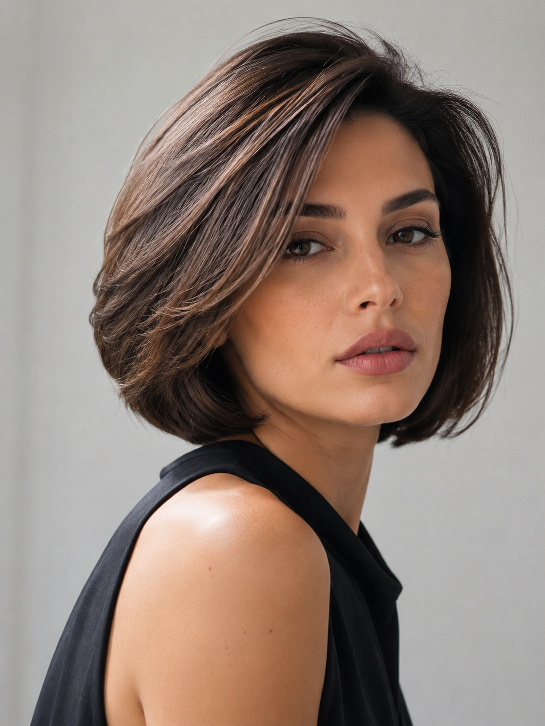 side part Italian bob with elegant part and full polished shape