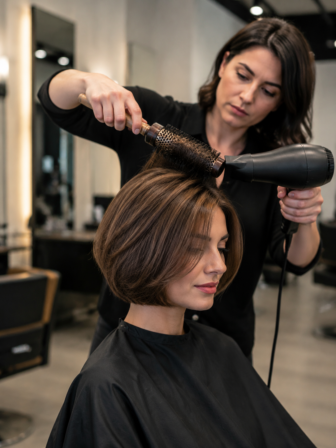 styling an Italian bob with a round brush for soft volume