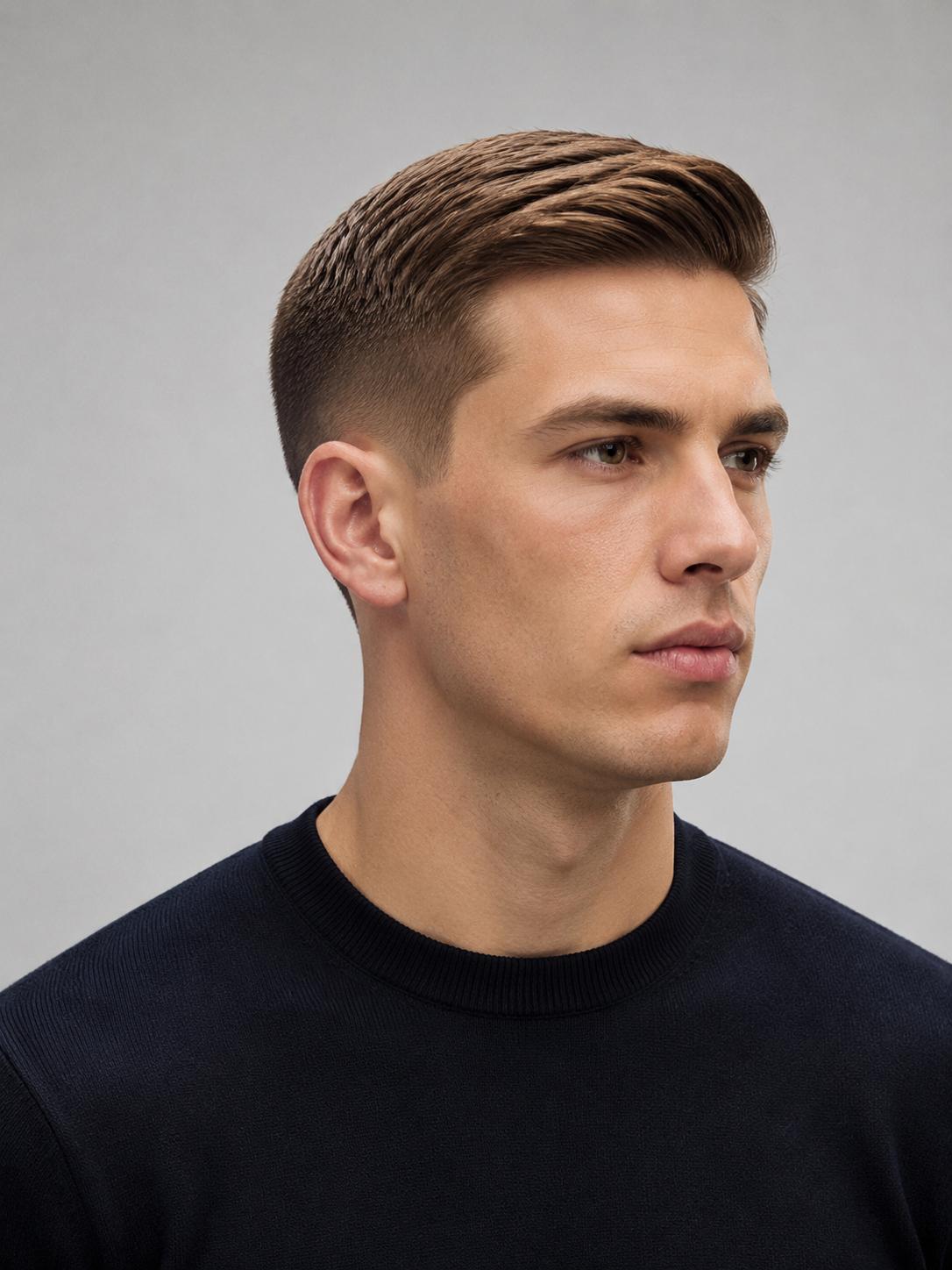 Ivy League haircut with side-parted top and clean sides