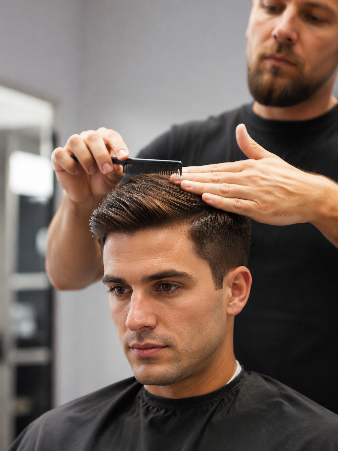 styling Ivy League haircut with comb and pomade
