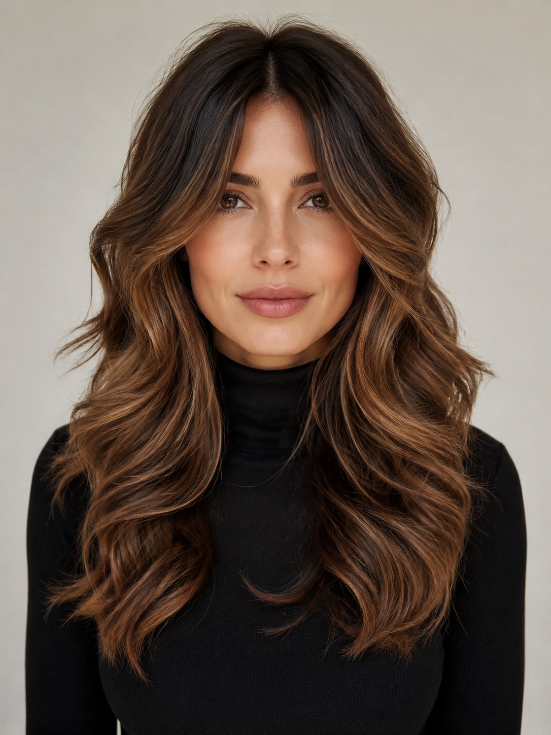 layered wavy hair with curtain bangs blending into face-framing layers