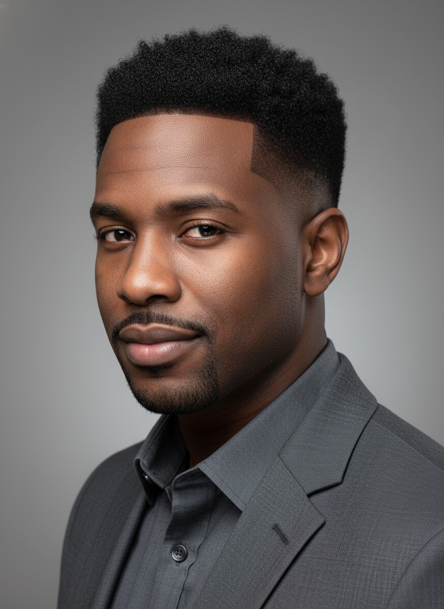 low taper fade black male haircut with natural texture and lineup