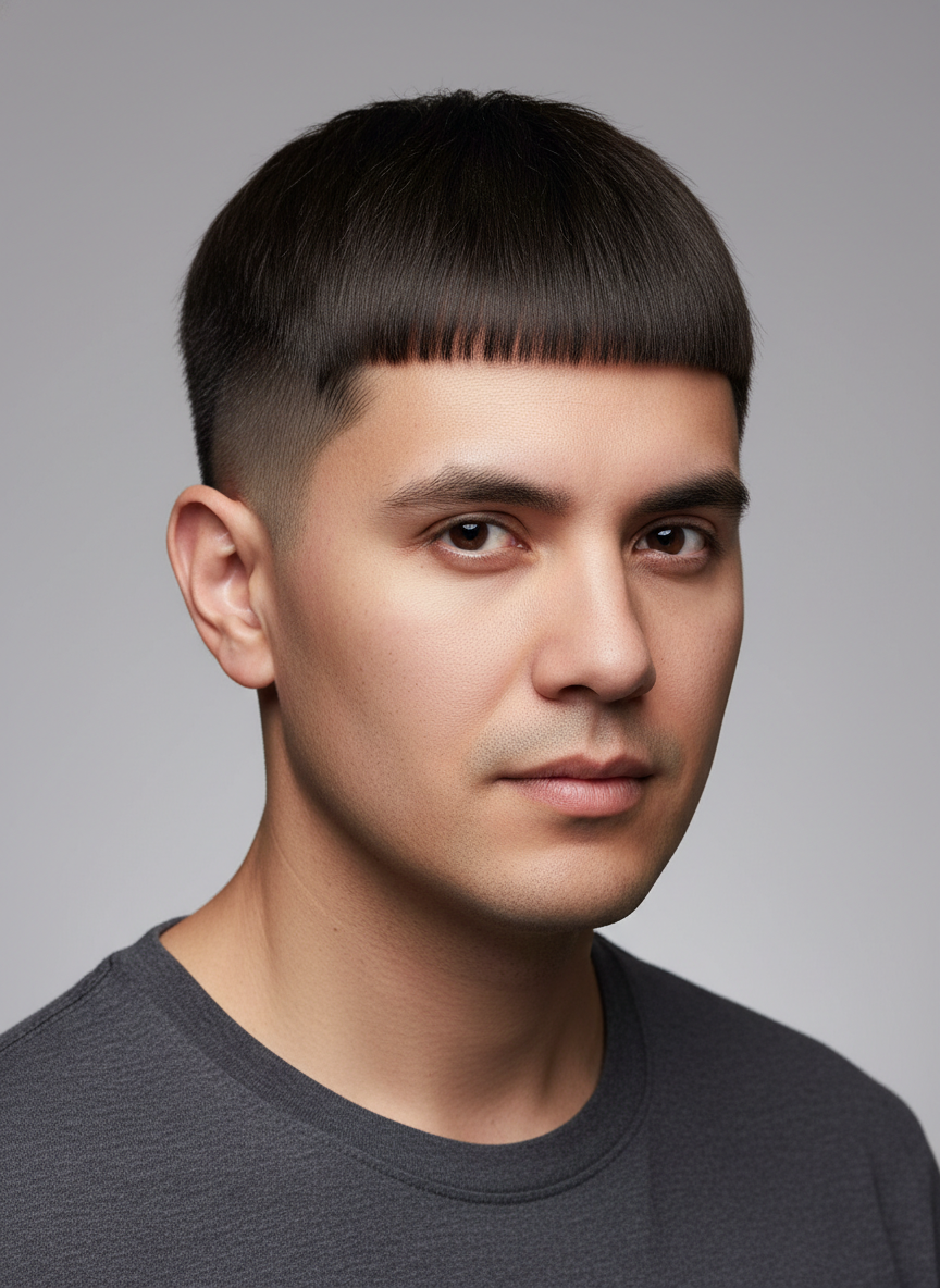 low taper fade Edgar haircut with blunt fringe and clean low taper