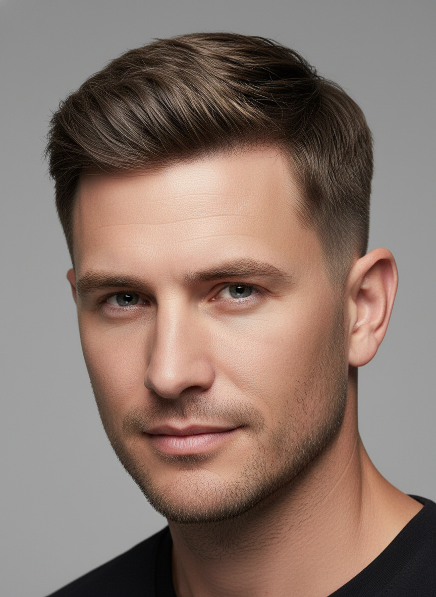 low taper fade haircut with clean neckline and soft side taper