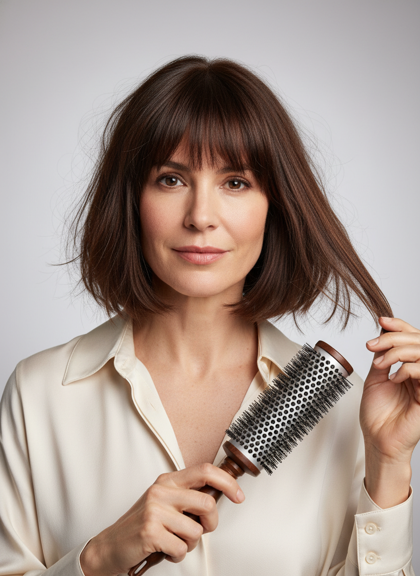styling a medium bob with bangs using a round brush