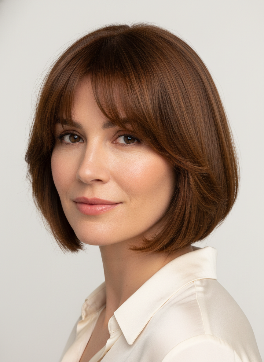 medium bob with curtain bangs