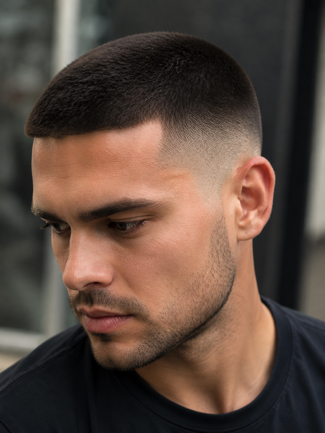 mid fade buzz cut with short uniform top