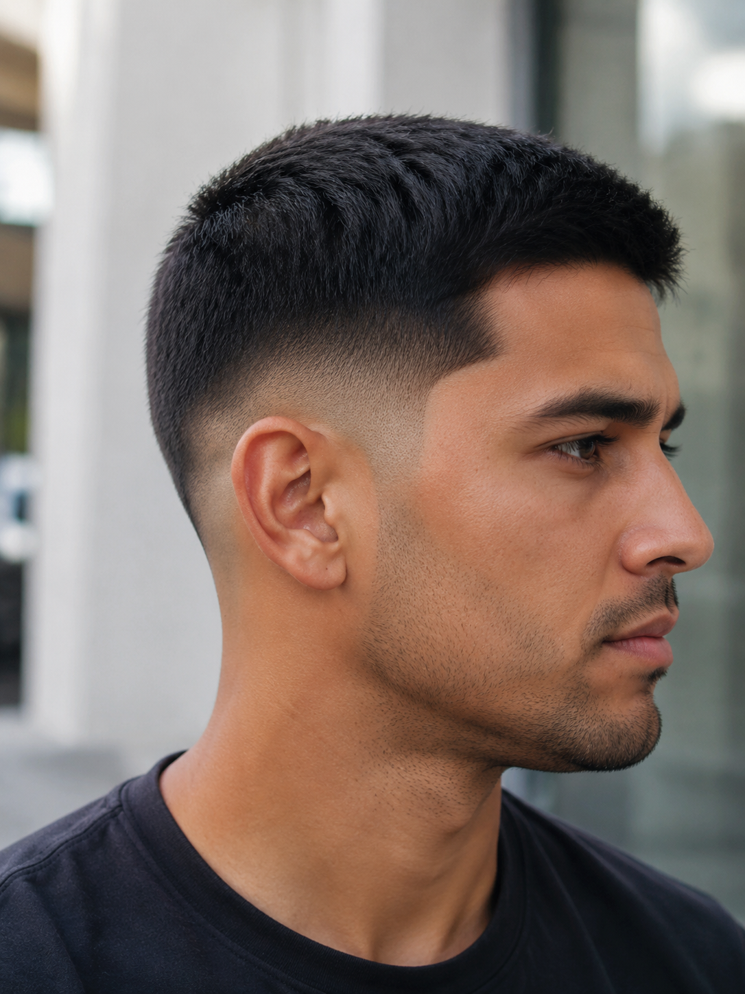 mid drop fade with fade line dipping behind ear