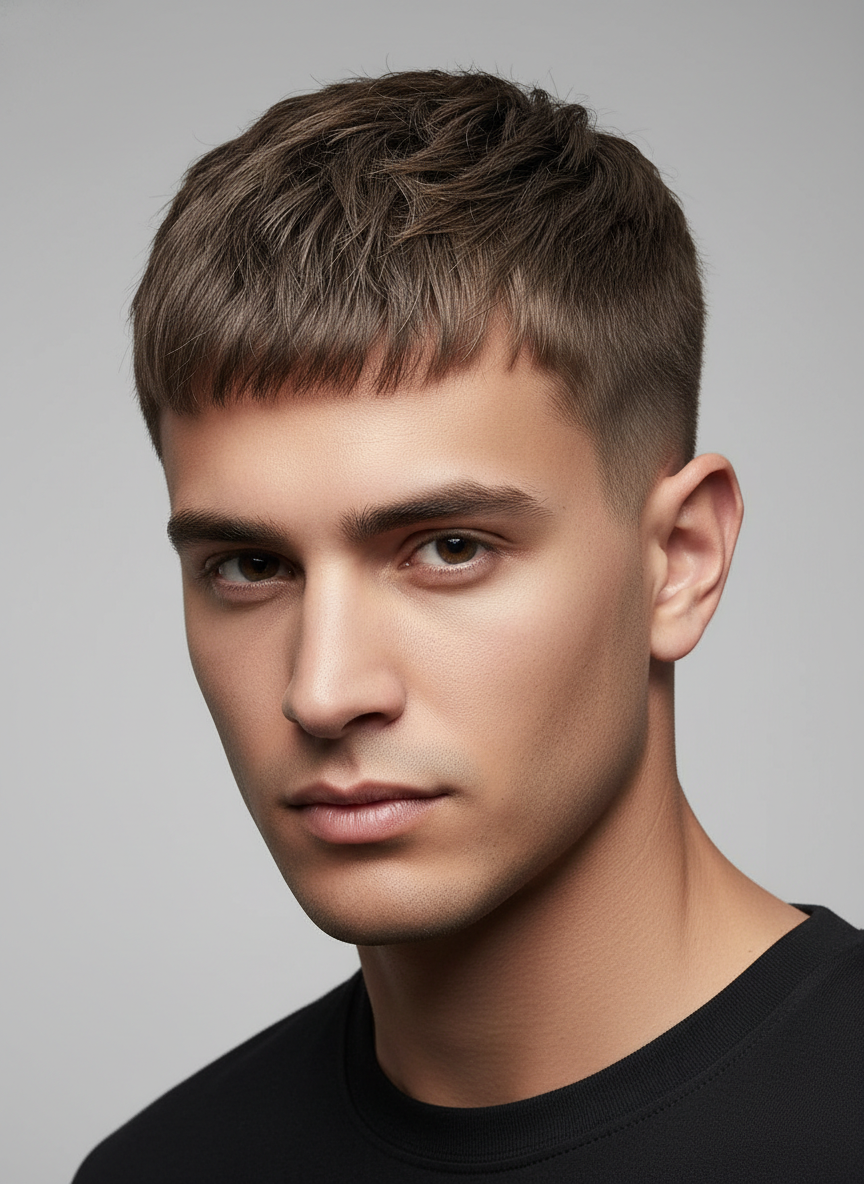 modern Caesar cut with short textured fringe