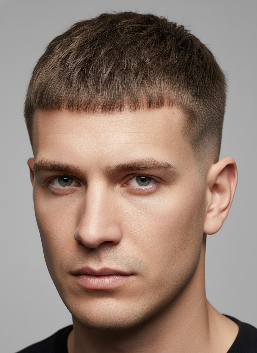 modern Caesar cut showing short forward fringe and textured top