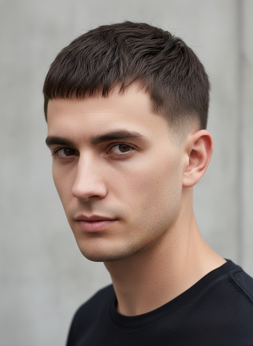 modern Caesar haircut with clean cropped top