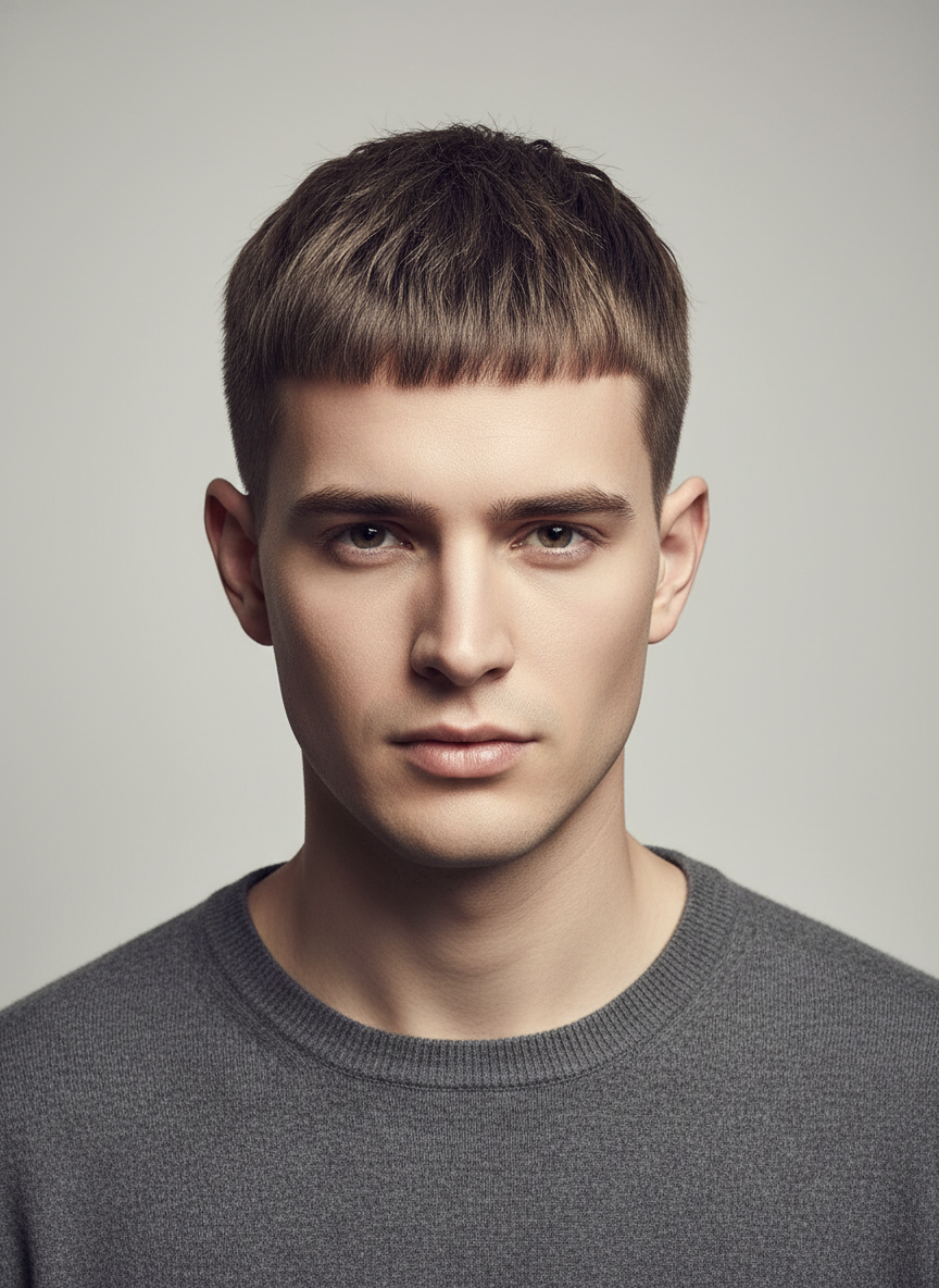 modern Caesar haircut with short fringe and clean texture