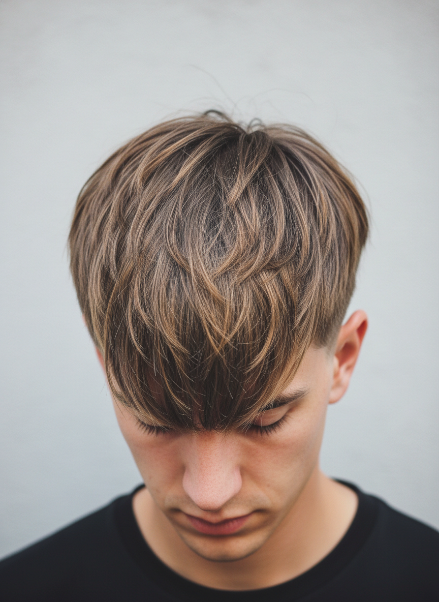 modern long Caesar haircut with fuller forward fringe