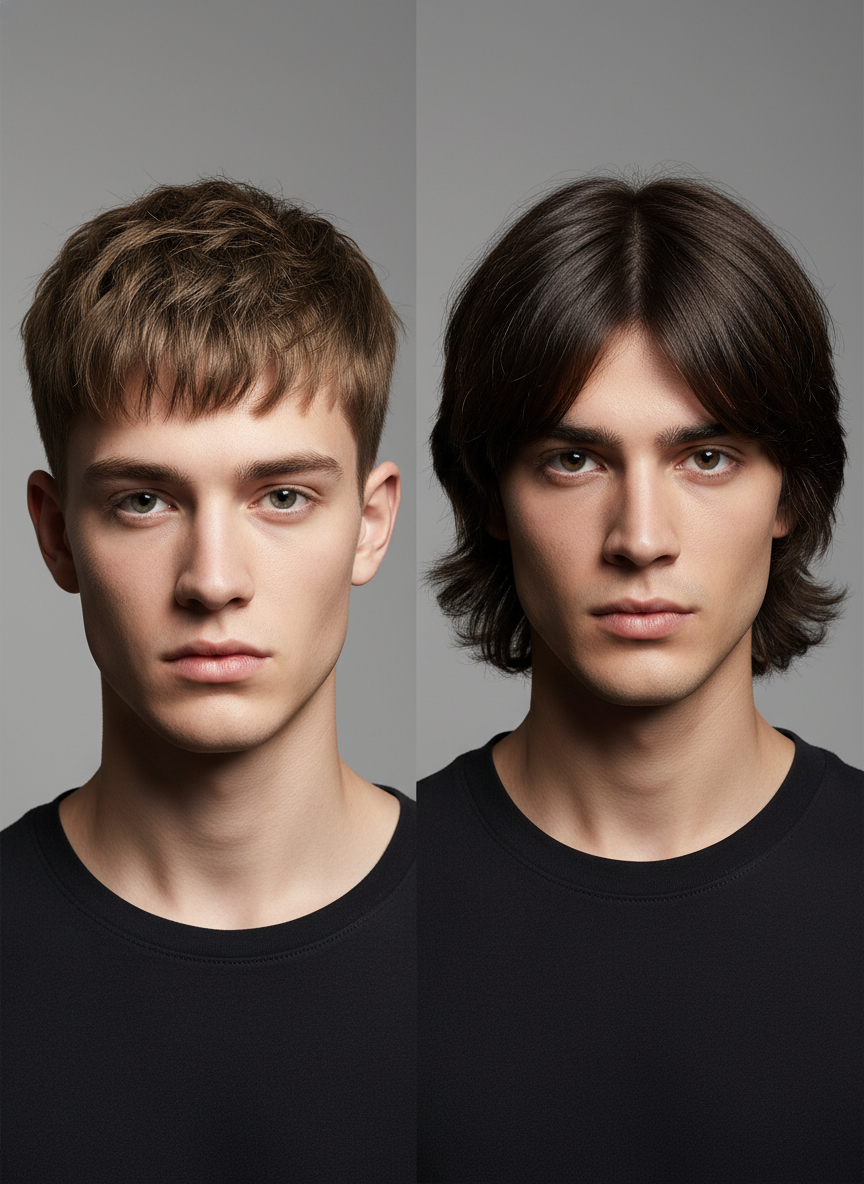 modern messy Caesar versus modern long Caesar haircut comparison