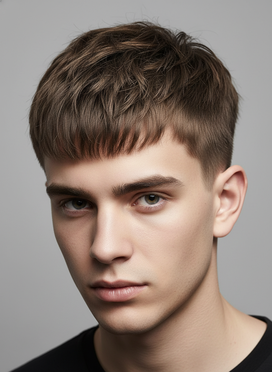modern messy Caesar haircut with choppy forward texture