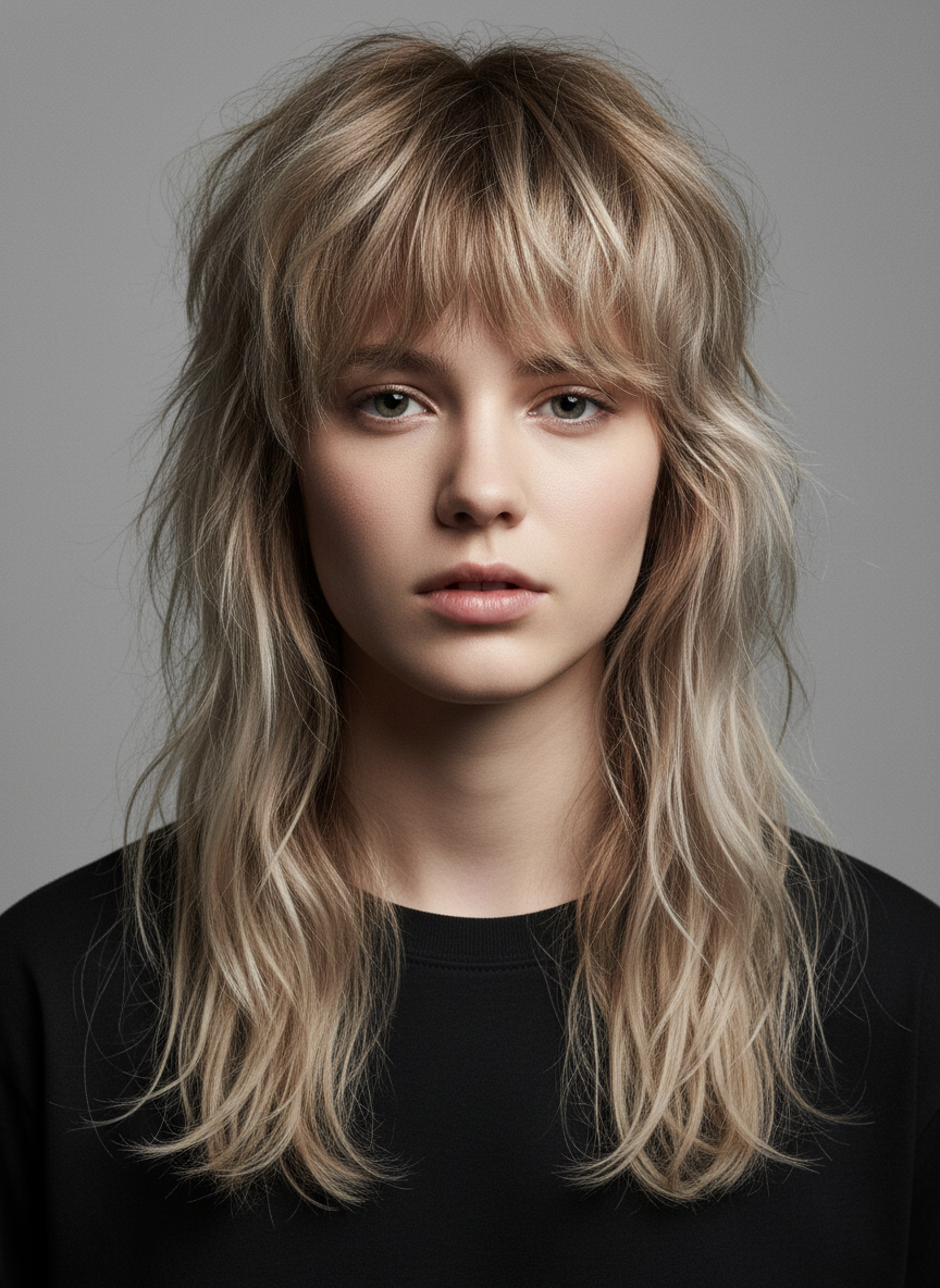 shaggy back-length haircut with messy textured layers