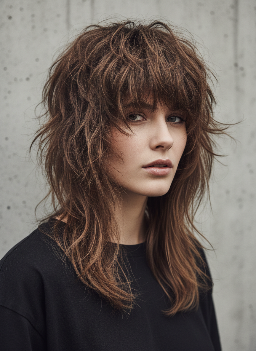 wolf cut hairstyle with layered texture and longer back