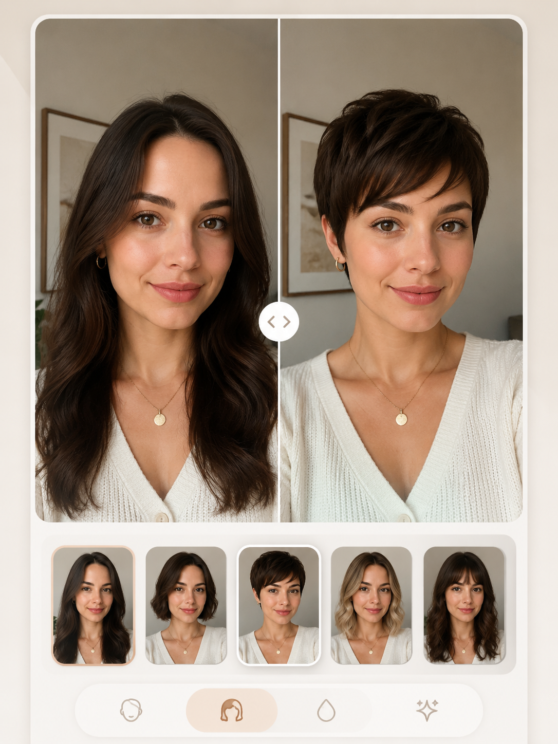 AI pixie cut try on preview on a selfie