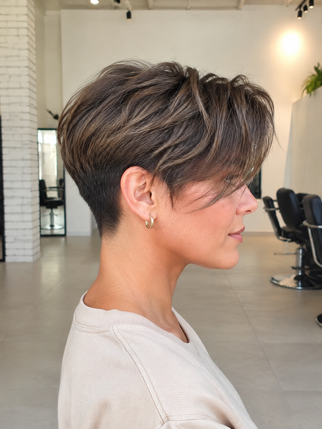 pixie cut showing cropped sides neckline and longer top