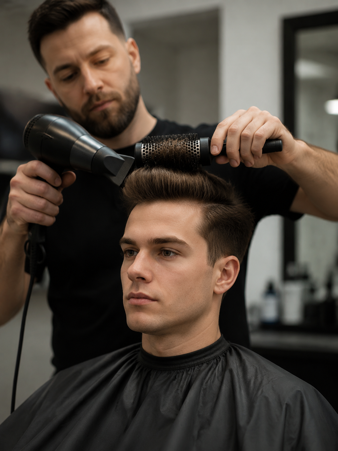 styling quiff haircut with blow dryer and pomade
