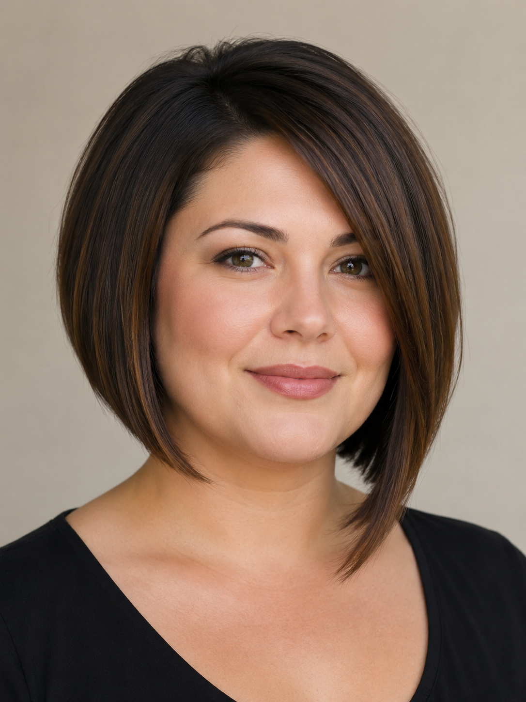A-line bob for round face with face-lengthening diagonal outline