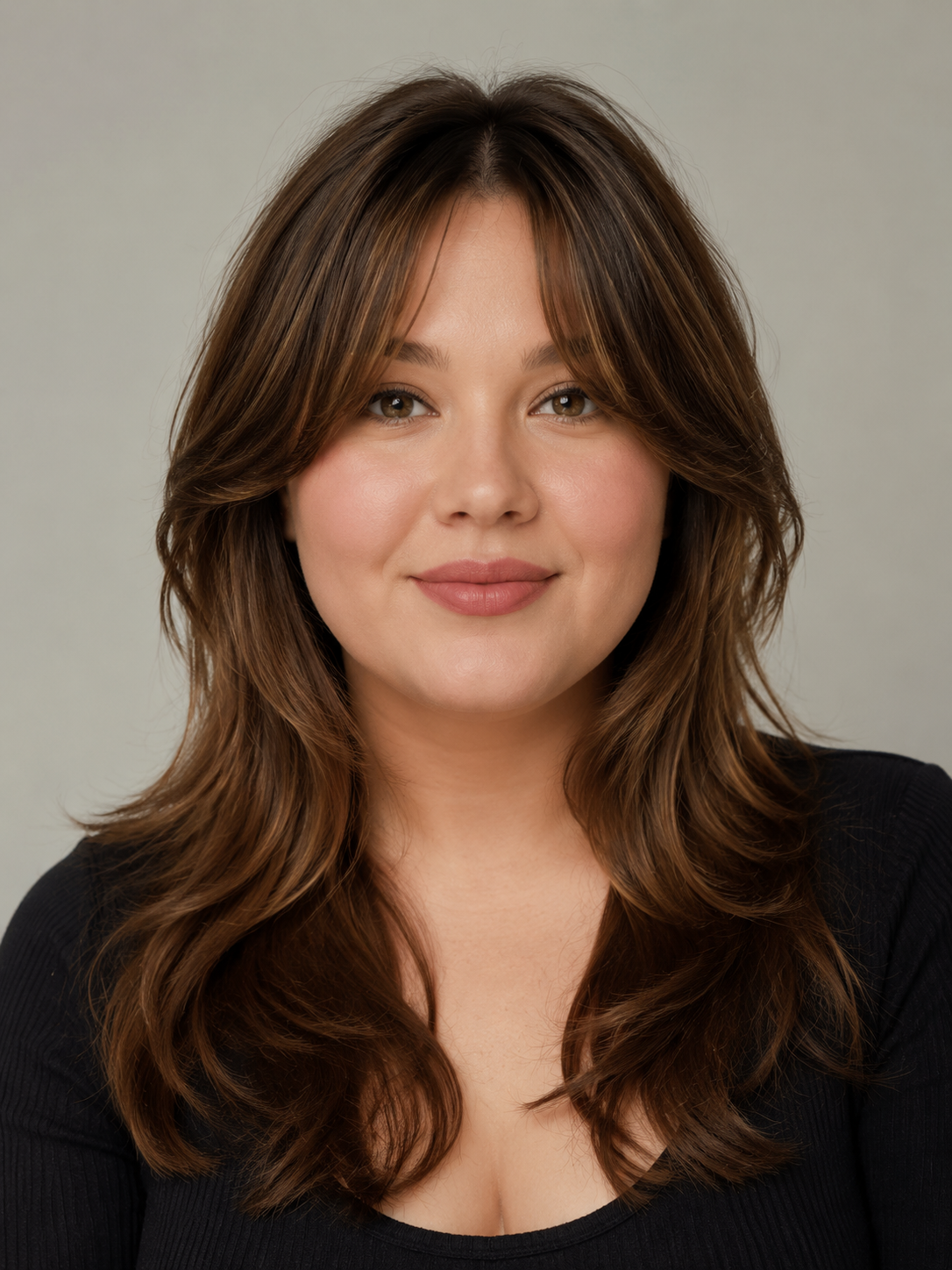 curtain bangs for round face with center-split fringe