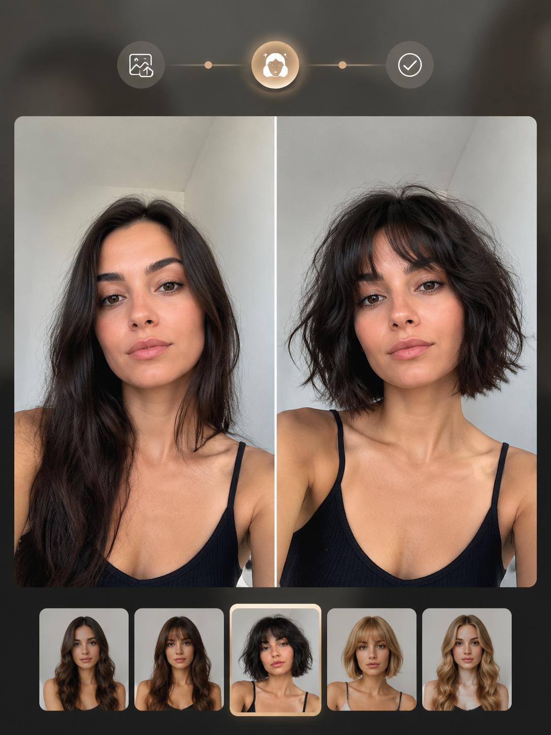 AI shaggy bob haircut try on preview on a selfie