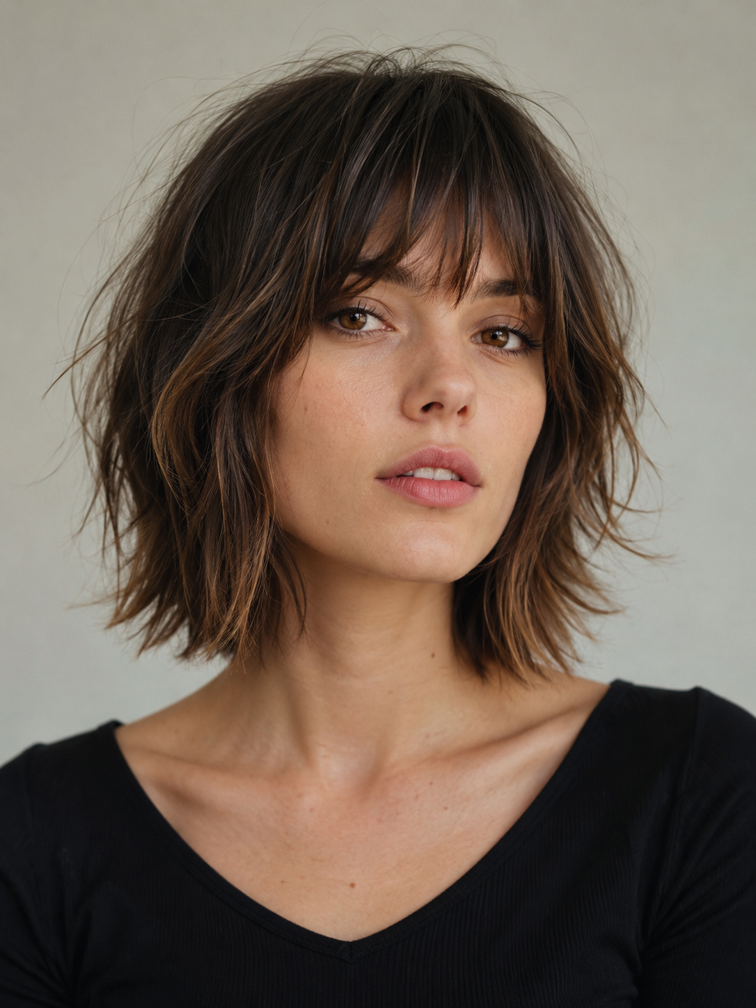 shaggy bob with soft bangs and piecey layered texture