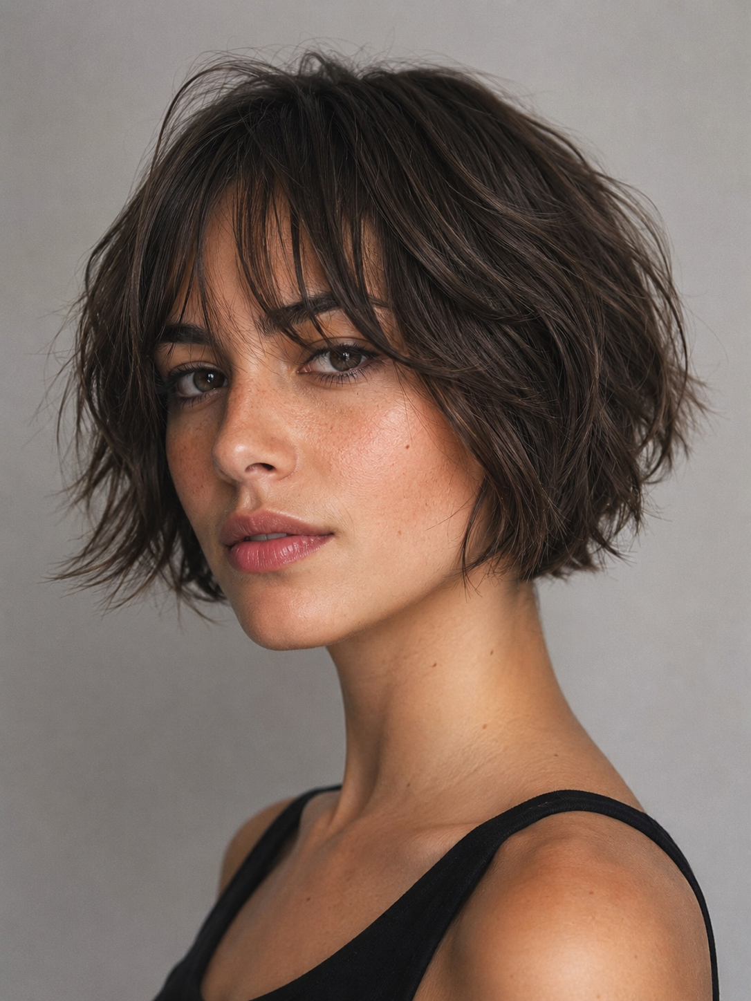 short shaggy bob with cropped shape and piecey shag texture