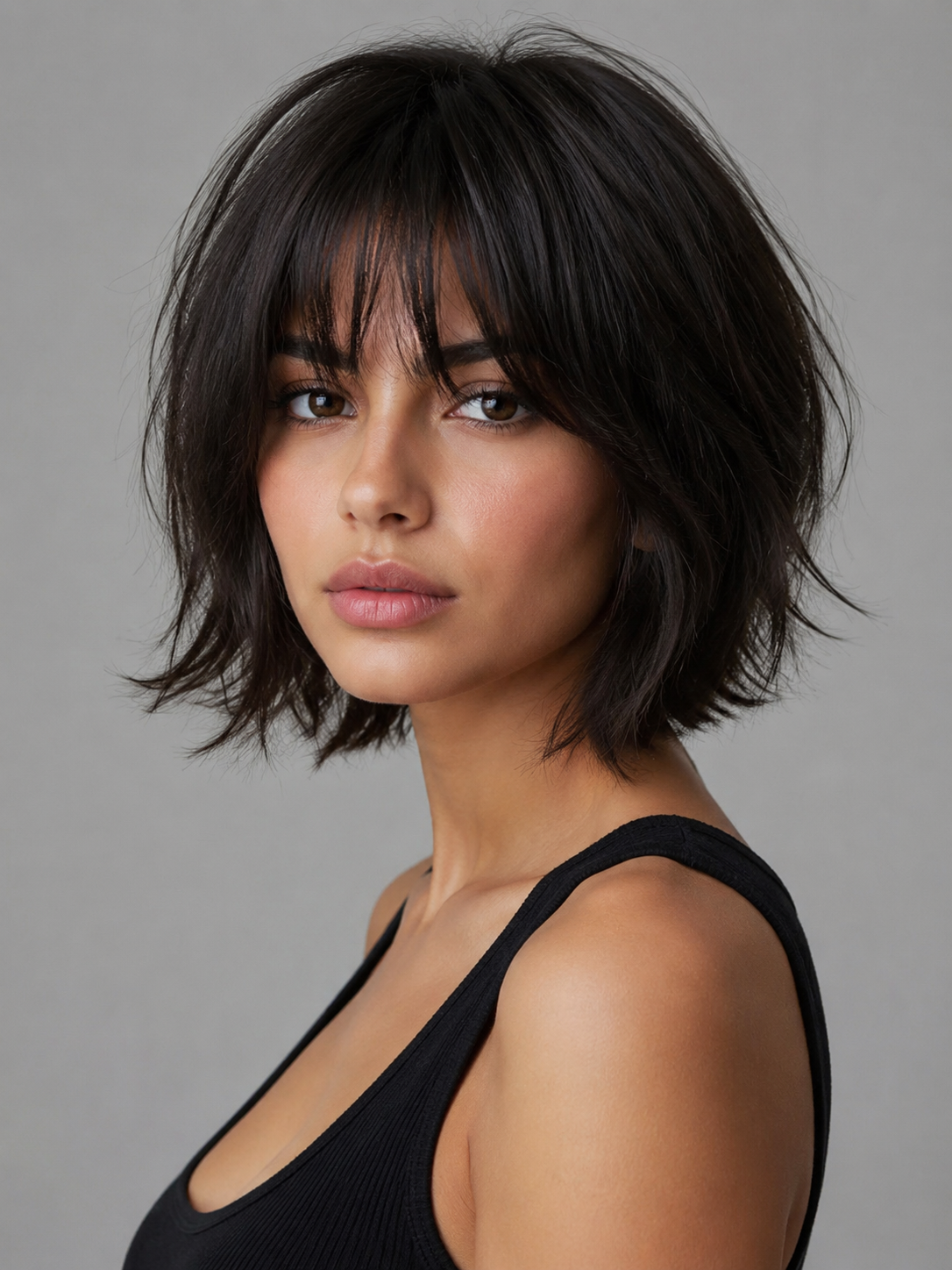 thick hair shaggy bob with internal weight removed and bob outline visible