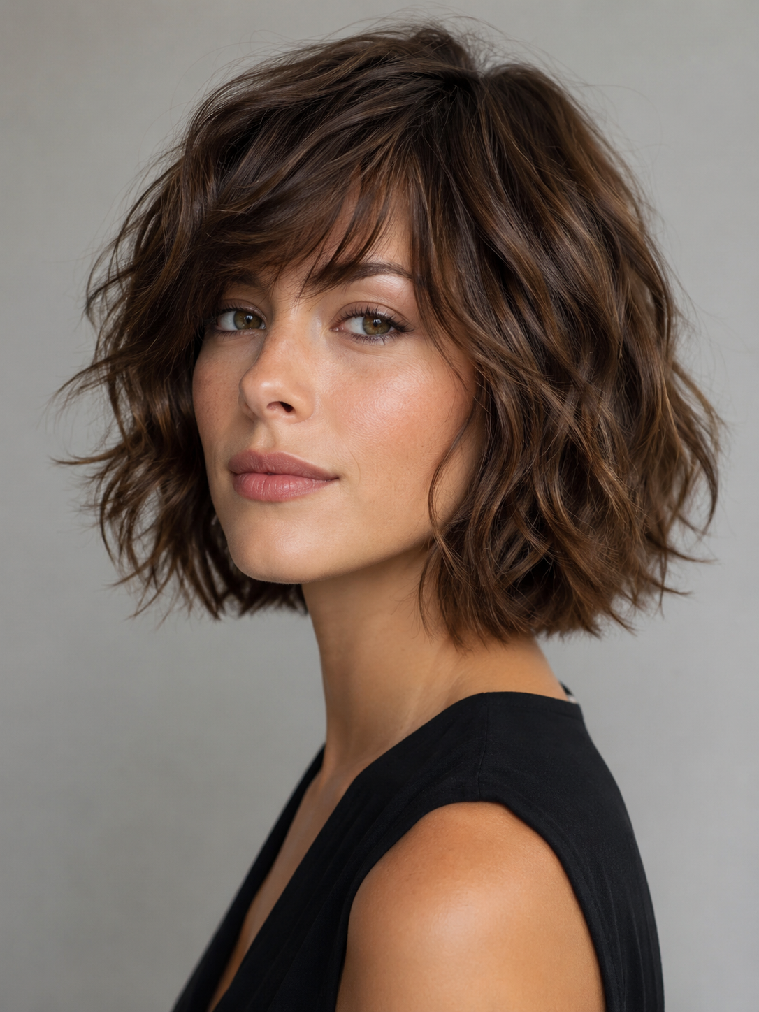 wavy shaggy bob with defined waves and loose shag layers