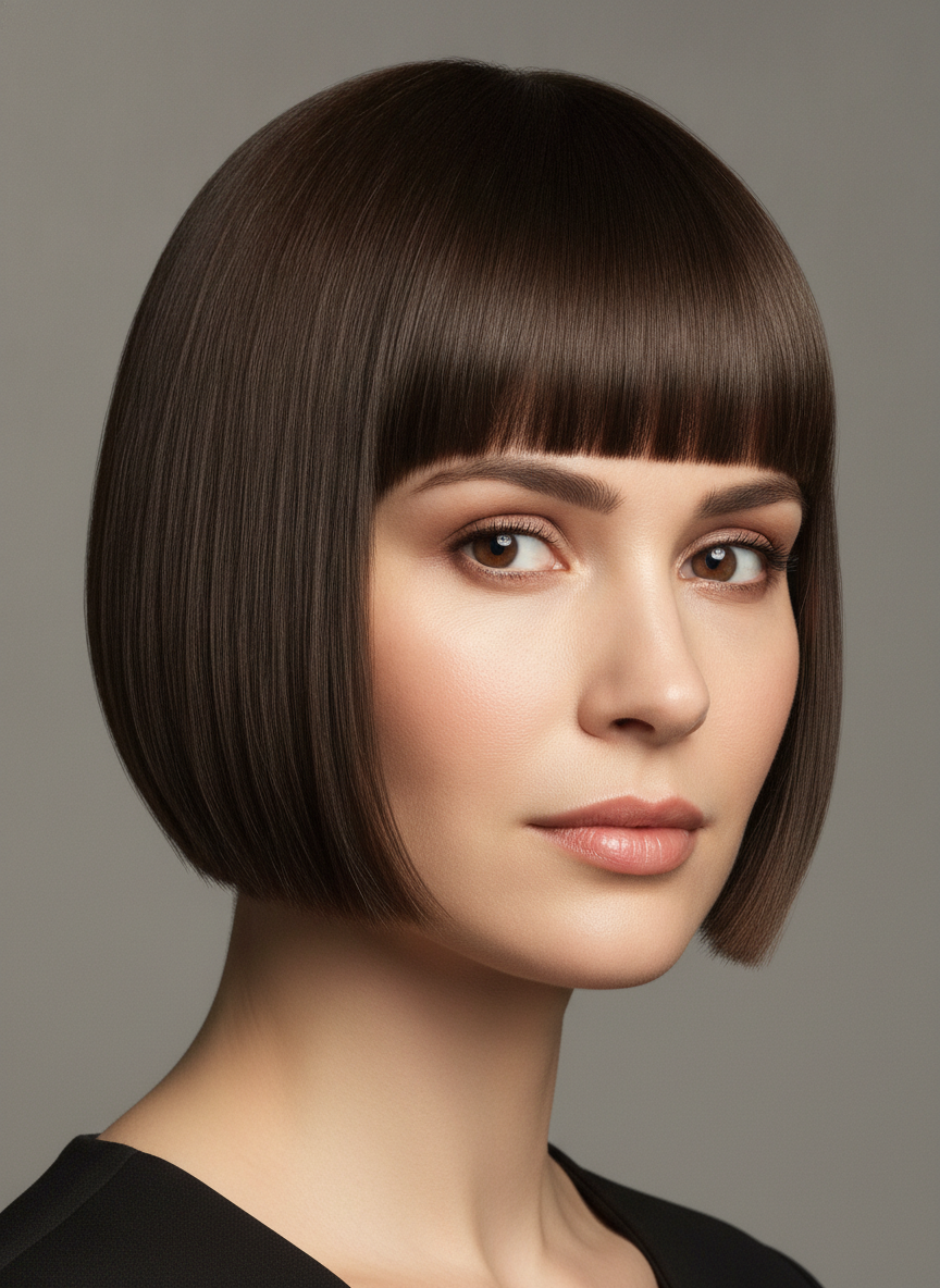 blunt short bob haircut with sharp even chin length ends
