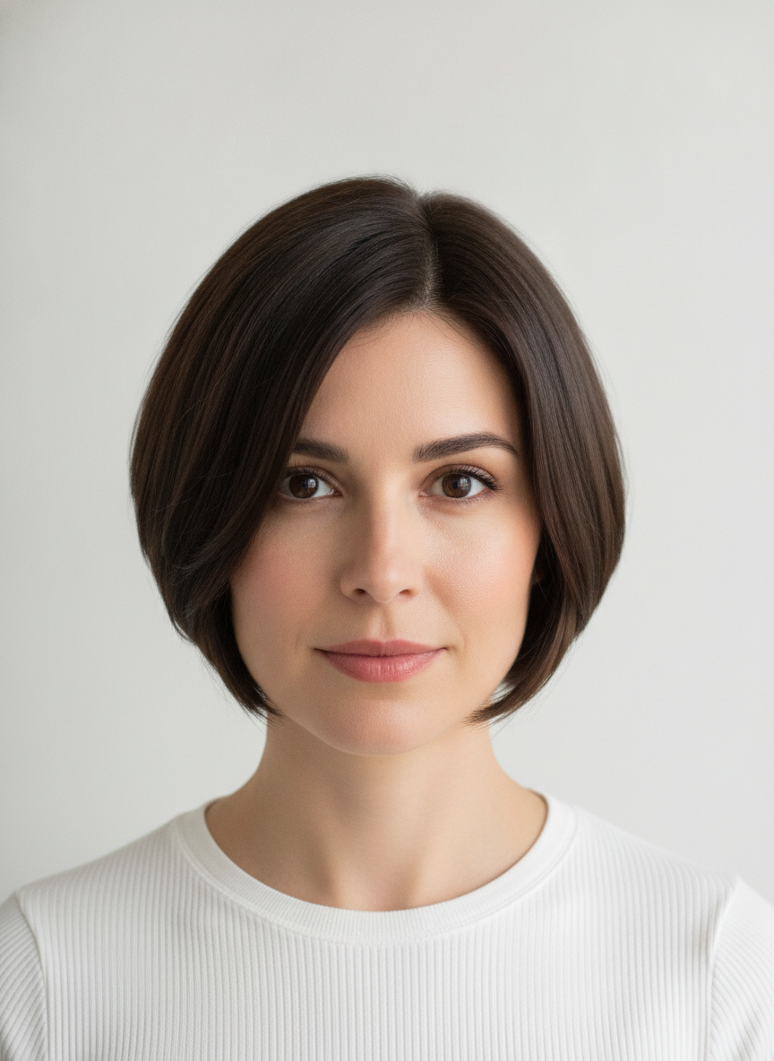 short bob hairstyle with clean jaw length and visible neckline
