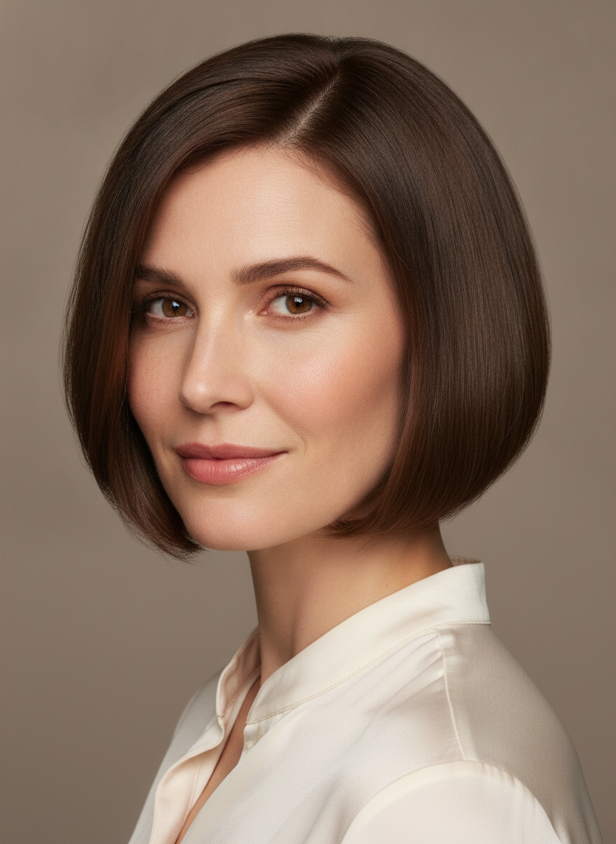 short bob haircut with clean jaw length shape