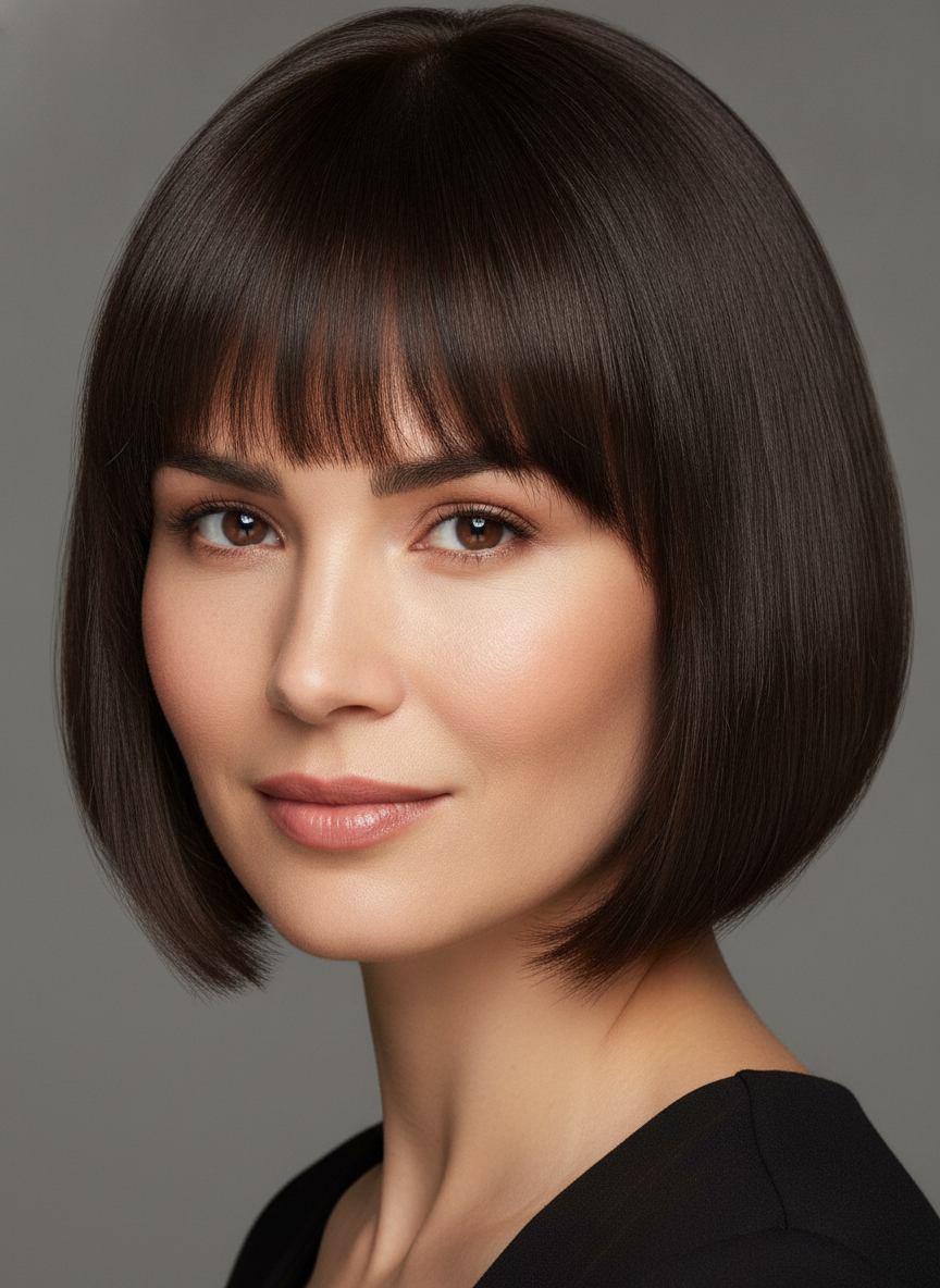 short bob with soft full bangs and clean bob ends