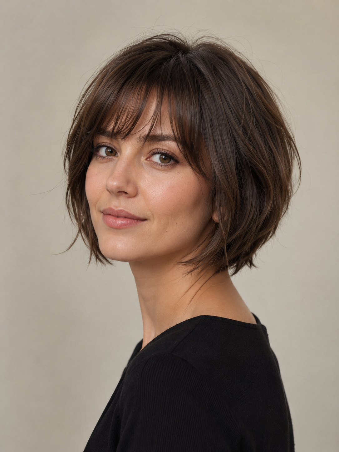 short layered bob with bangs and soft layers through the body