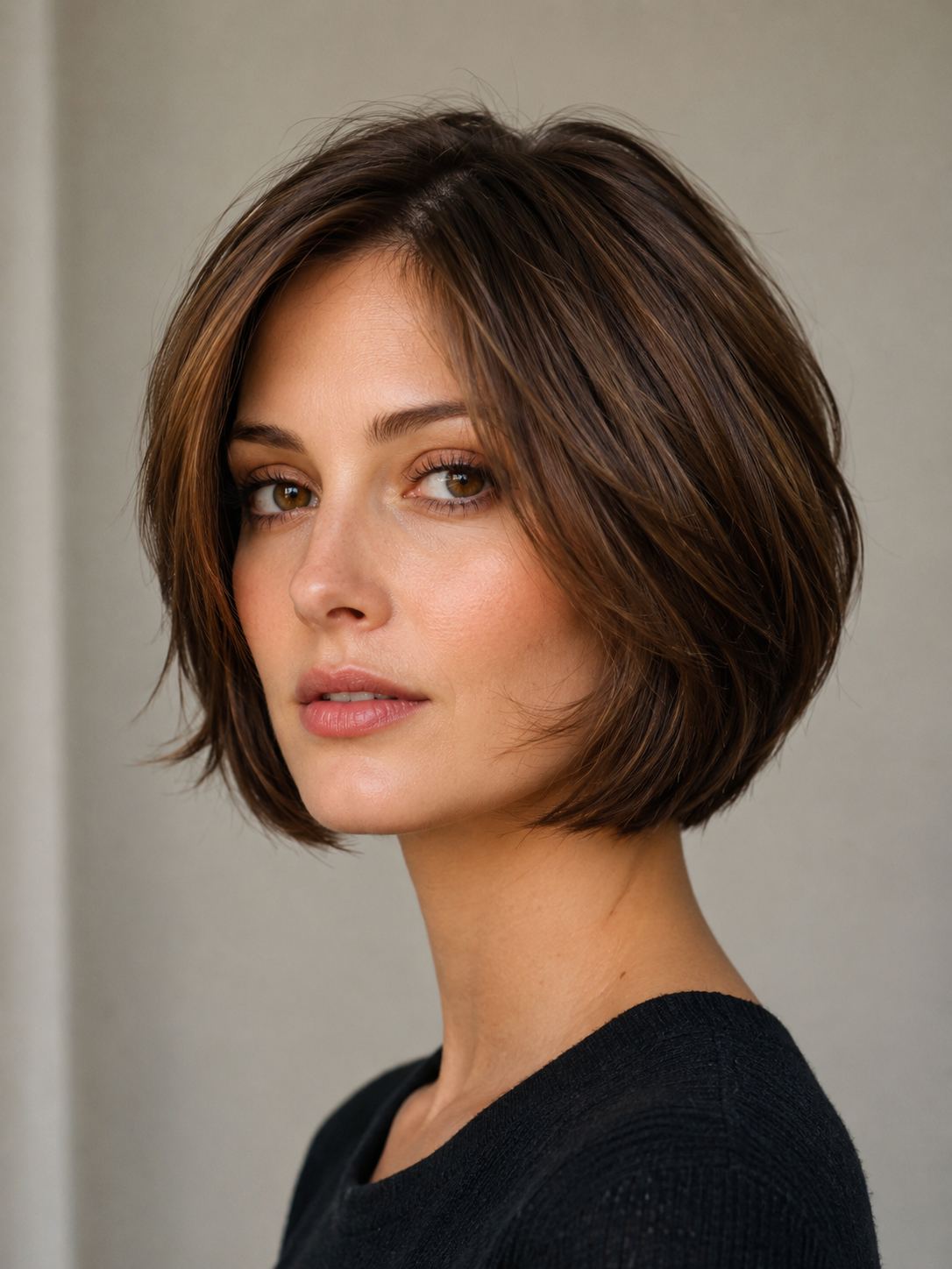 classic short layered bob with soft balanced layers around chin length