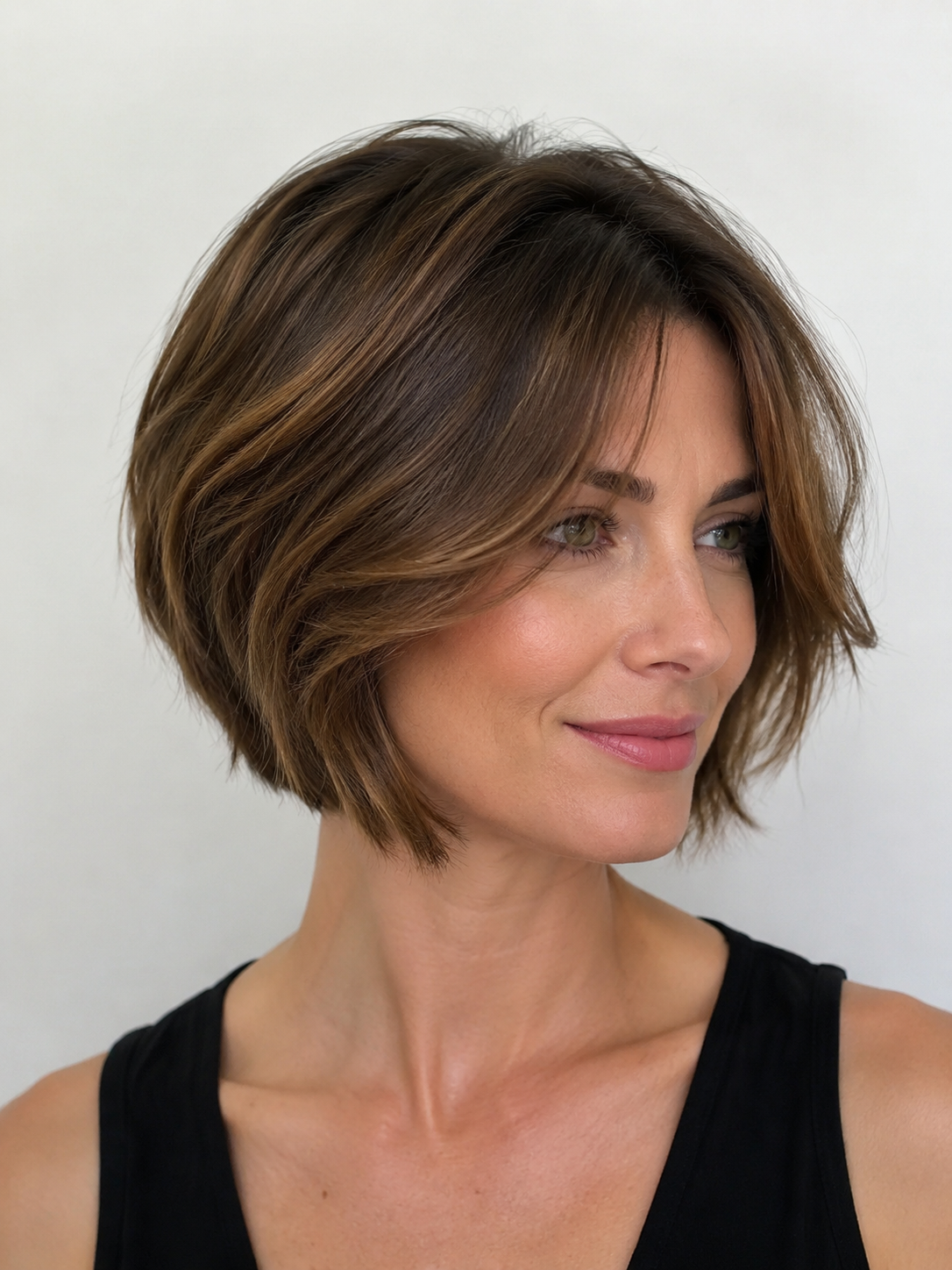 short layered bob with visible layers and clean jaw length outline