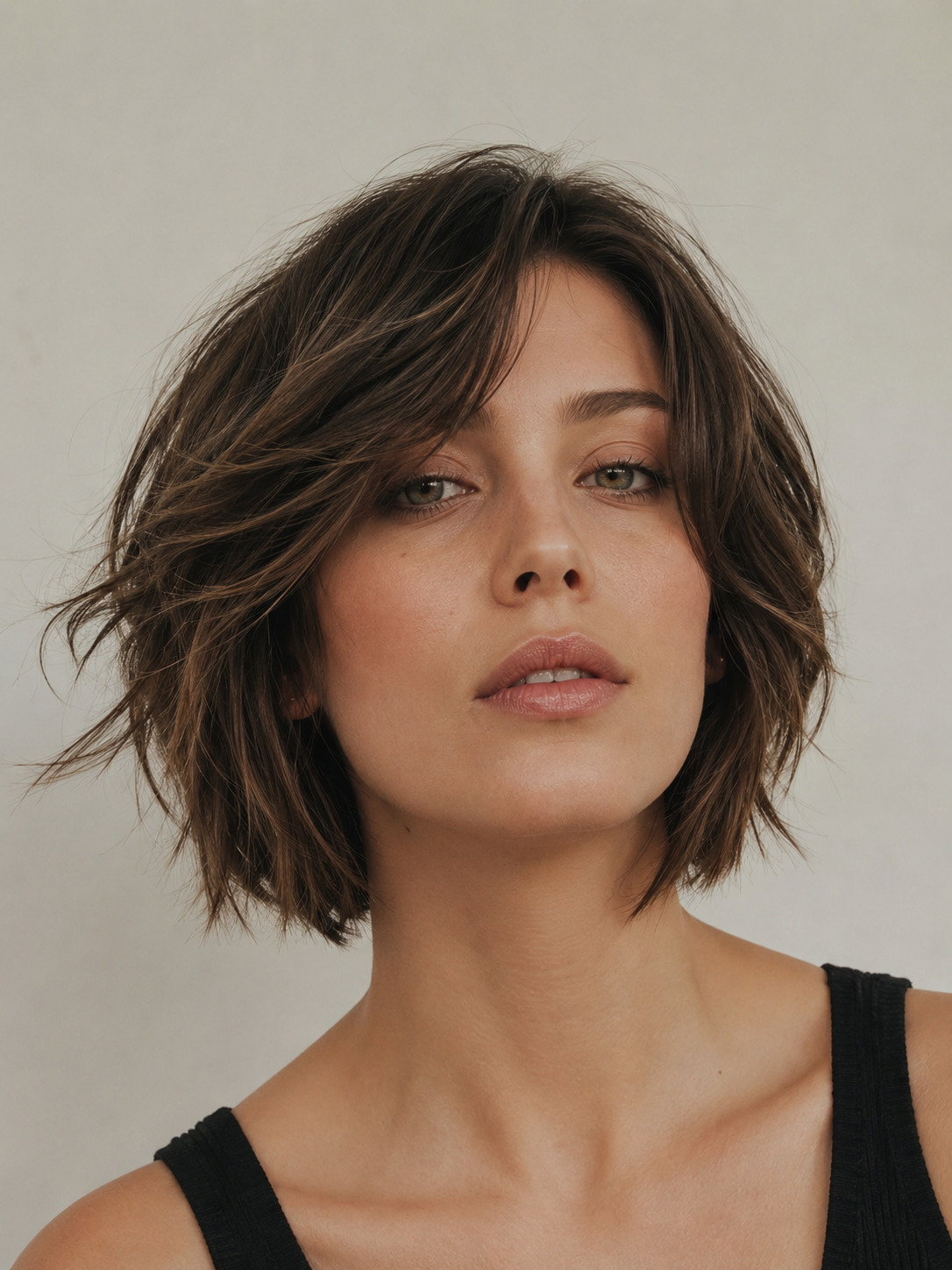 textured layered bob with piecey ends and modern airy finish