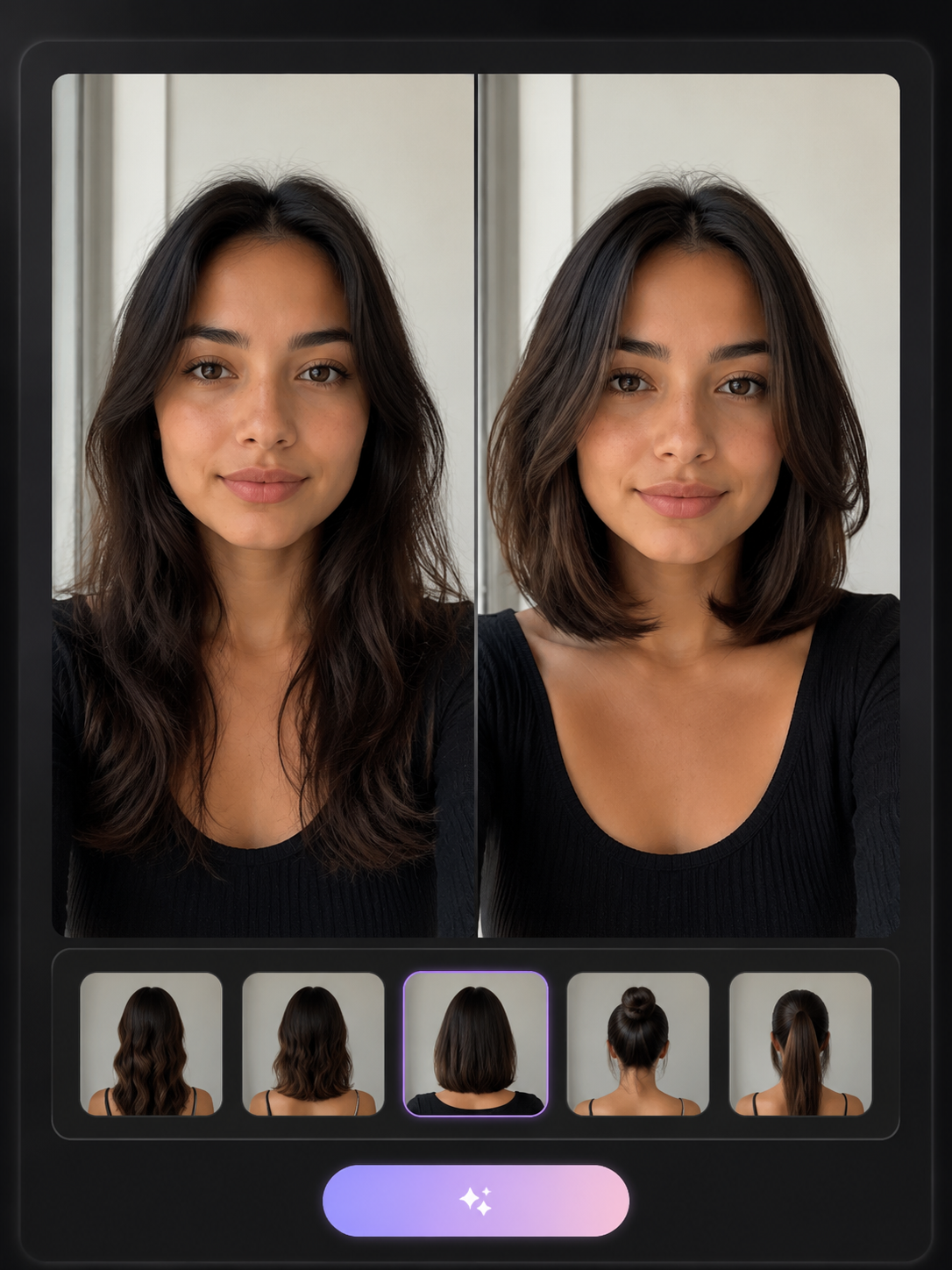 AI shoulder length bob haircut try on preview on a selfie