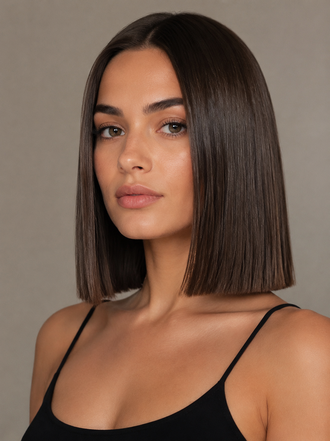 blunt shoulder length bob with sharp even shoulder grazing ends