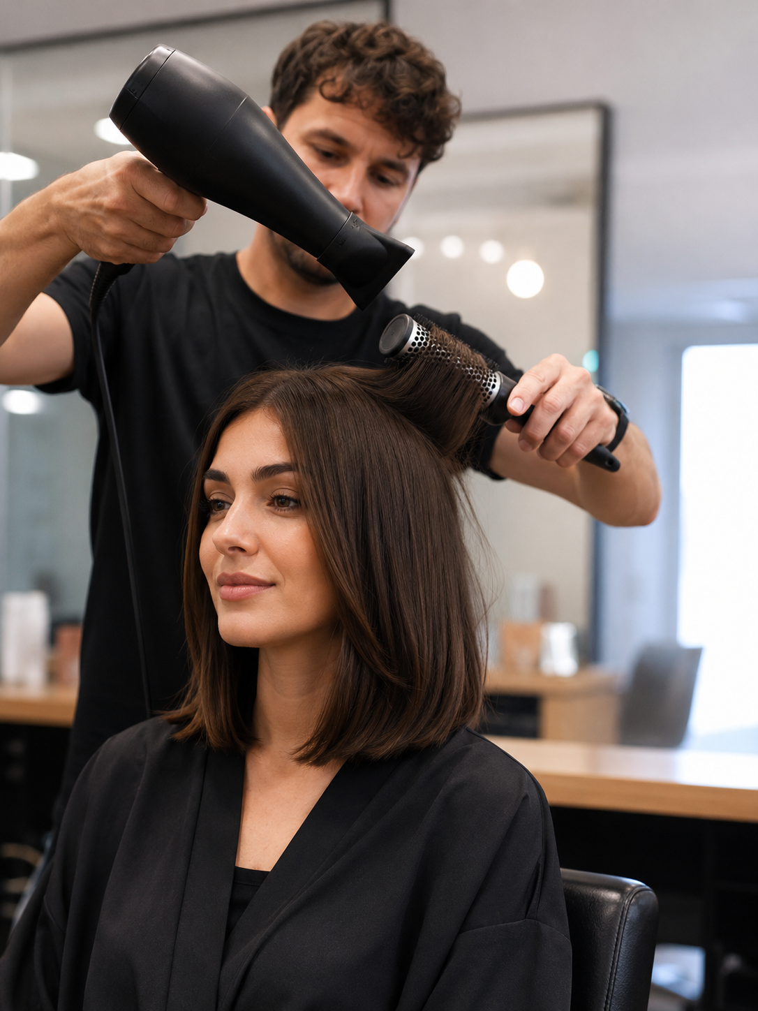 styling a shoulder length bob haircut with a round brush and flat iron