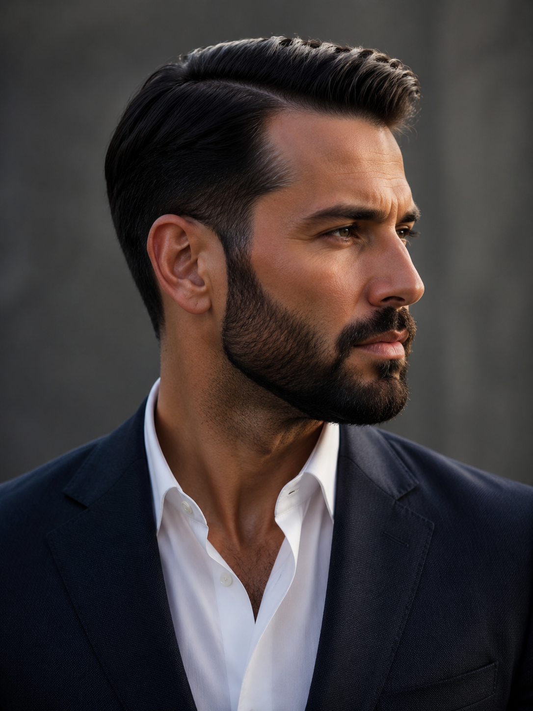 side part haircut paired with a beard