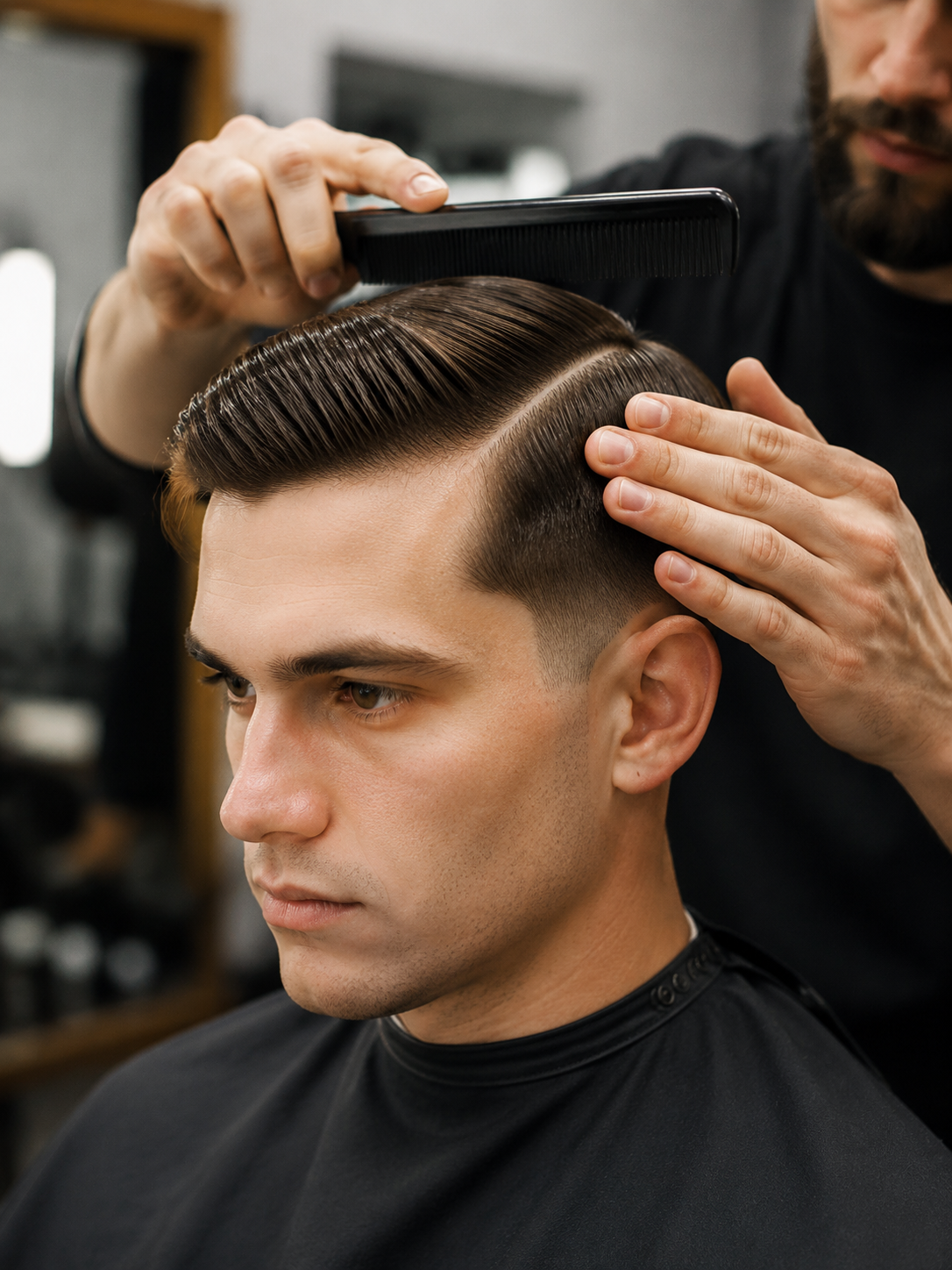 styling side part haircut with comb and pomade