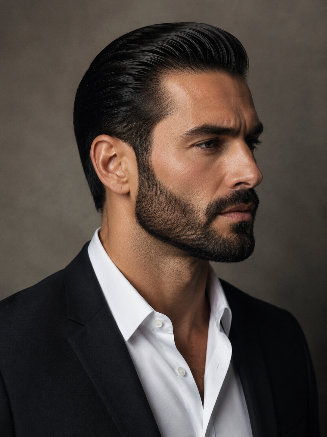 slick back haircut paired with a beard