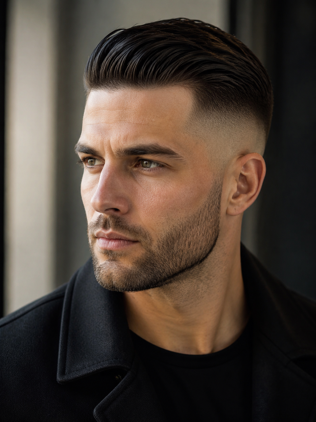 slicked back fade with sharp sides